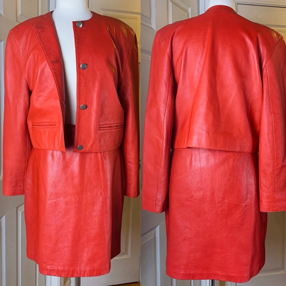 VINTAGE Red leather skirt jacket set Large